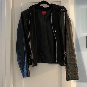 GUESS Women’s Faux Leather Moto Hooded Jacket